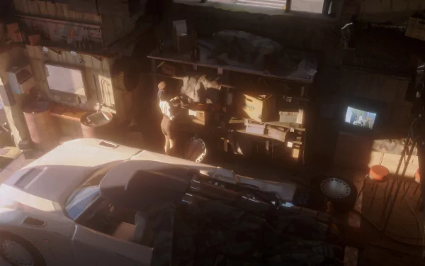 HD anime-style original artwork depicting a detailed garage interior with a car and a person working, designed as a PC desktop wallpaper and background.