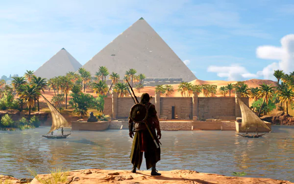 Bayek of Siwa stands by the Nile with sailboats, overlooking Egyptian pyramids in a vibrant scene from the video game Assassin's Creed Origins, captured in HD.