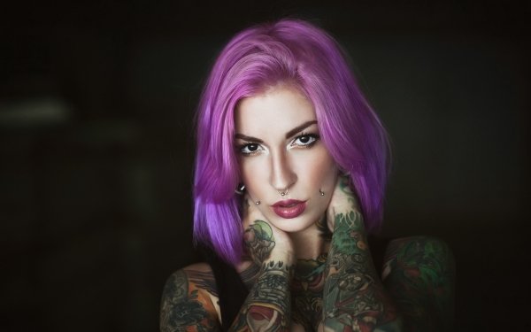 Women Tattoo Model Face Lipstick Purple Hair Brown Eyes HD Wallpaper | Background Image