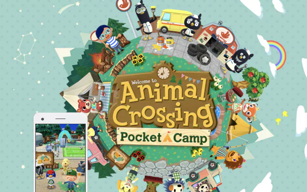 HD wallpaper of Animal Crossing: Pocket Camp featuring in-game characters and scenery for a desktop background.