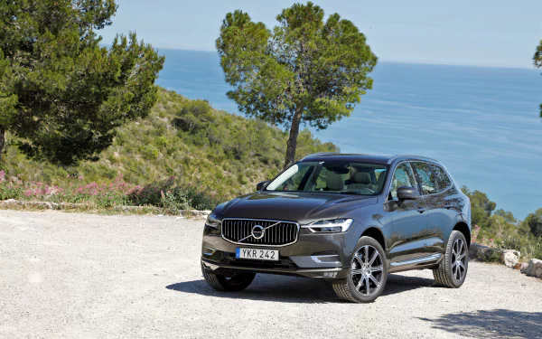 Silver Volvo XC60 SUV parked on a sunlit coastal overlook with trees and sea, 4K Ultra HD PC desktop wallpaper and background.
