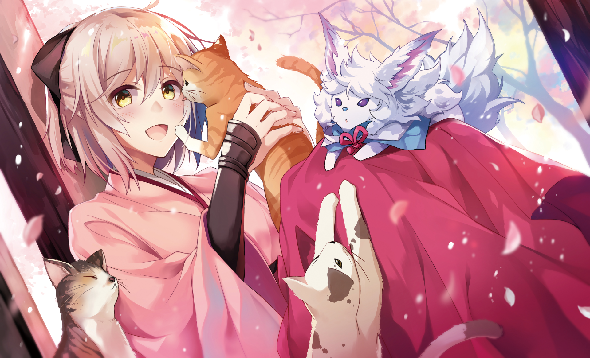 Anime character Sakura Saber from Fate/Grand Order, wearing a pink kimono, smiling with yellow eyes and surrounded by cats and falling cherry blossoms.