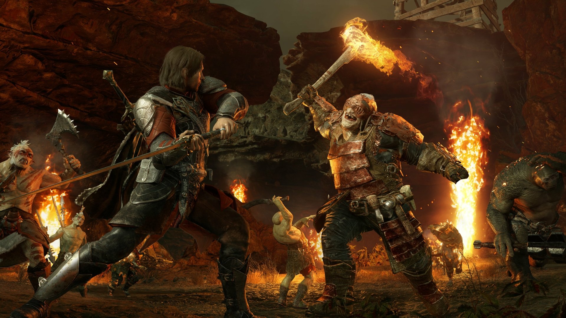 HD desktop wallpaper of Talion from Middle-earth: Shadow of War in a fiery battle scene.