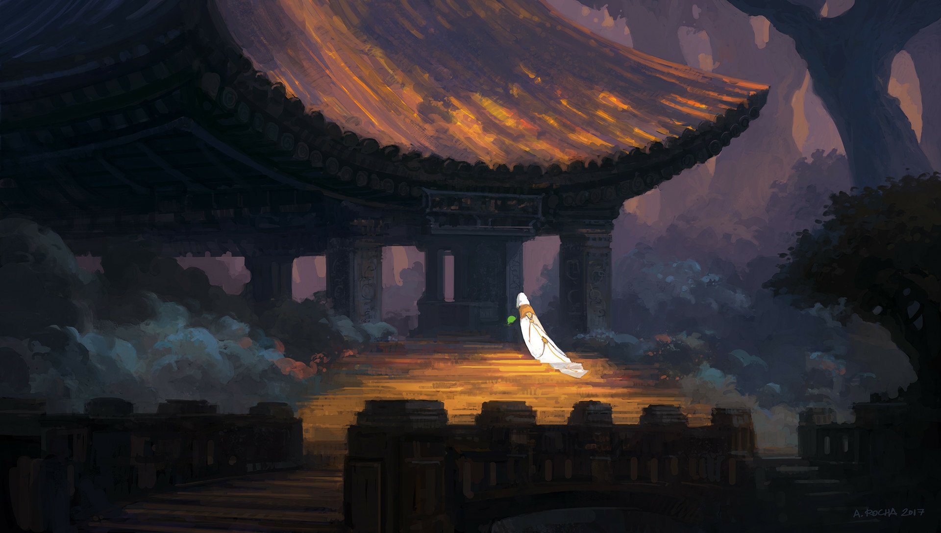 Anime-style HD desktop wallpaper depicting a lone figure in a flowing cloak standing before a traditional building surrounded by a moody, atmospheric landscape.