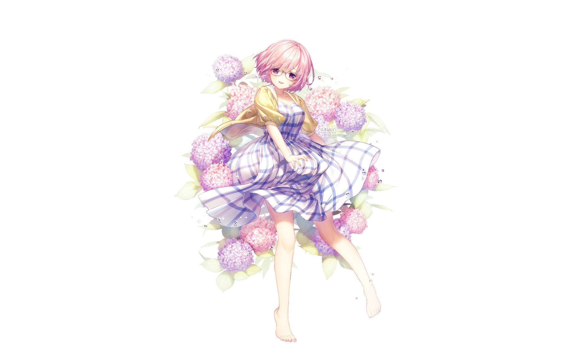 HD PC desktop wallpaper featuring Shielder from the anime Fate/Grand Order, surrounded by pastel-colored hydrangea flowers in a soft, detailed illustration.