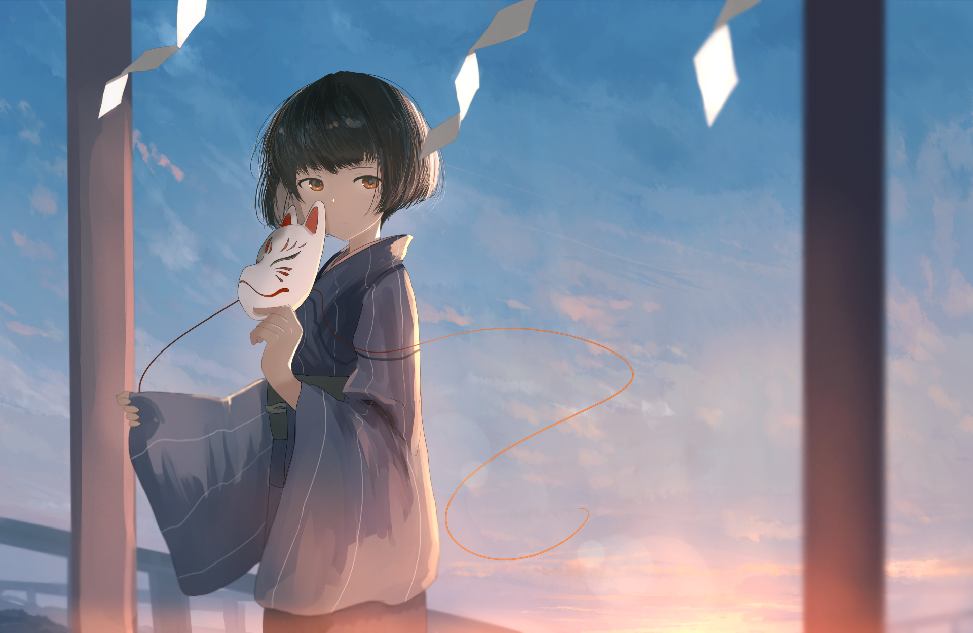 An anime-style HD desktop wallpaper featuring an original character holding a mask against a serene, sunset backdrop.