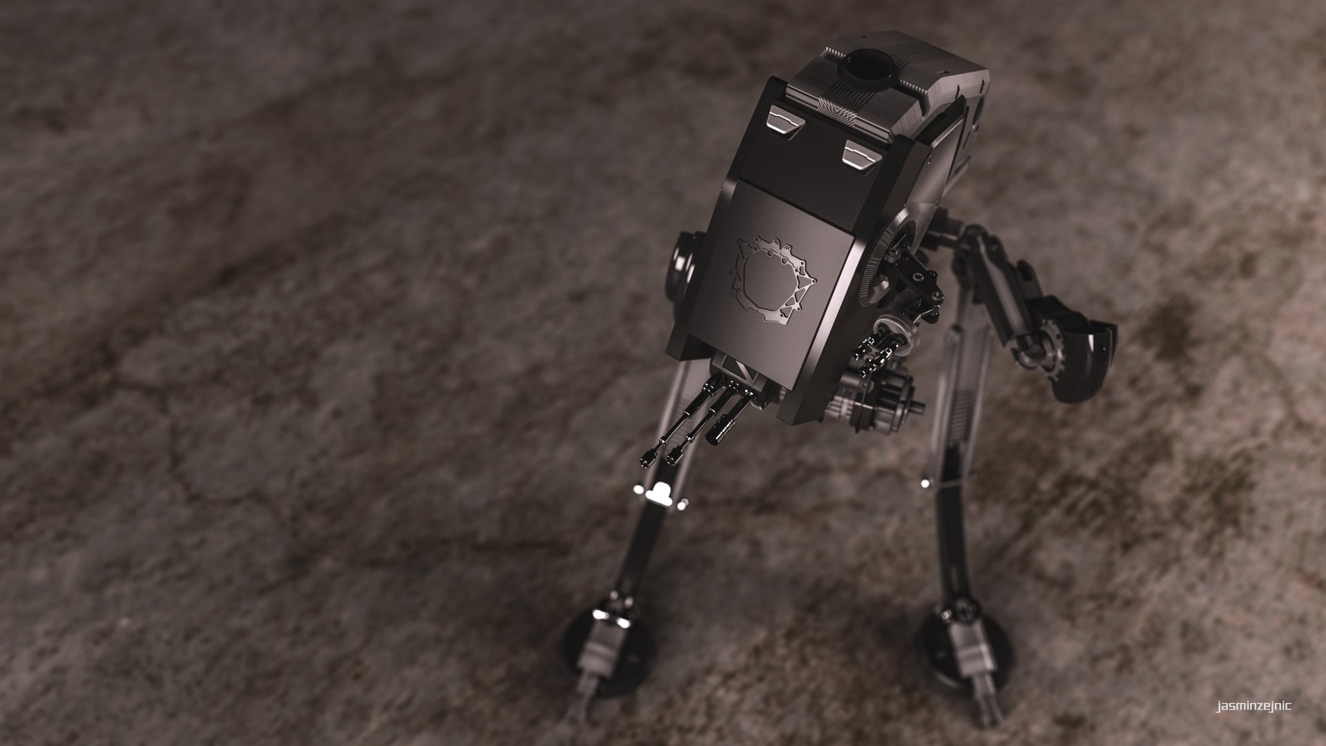 3D CGI AT‑ST walker robot (Star Wars) — sci‑fi machine rendered in 4K Ultra HD PC desktop wallpaper, angled view above worn metallic floor with detailed mechanical joints and weathering.