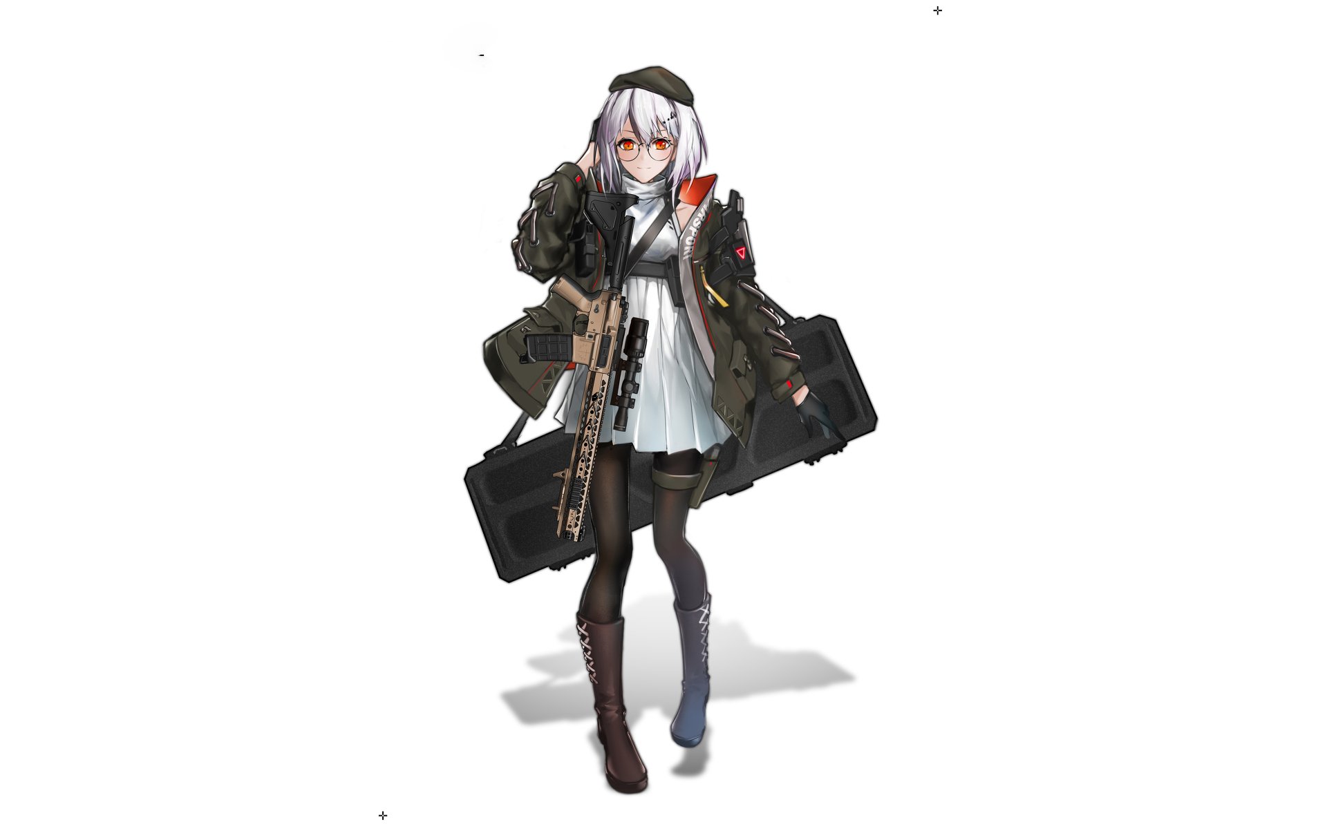 Anime original HD PC desktop wallpaper: white-haired girl in a military jacket over a school dress, holding a rifle and two long black cases on a clean white background.
