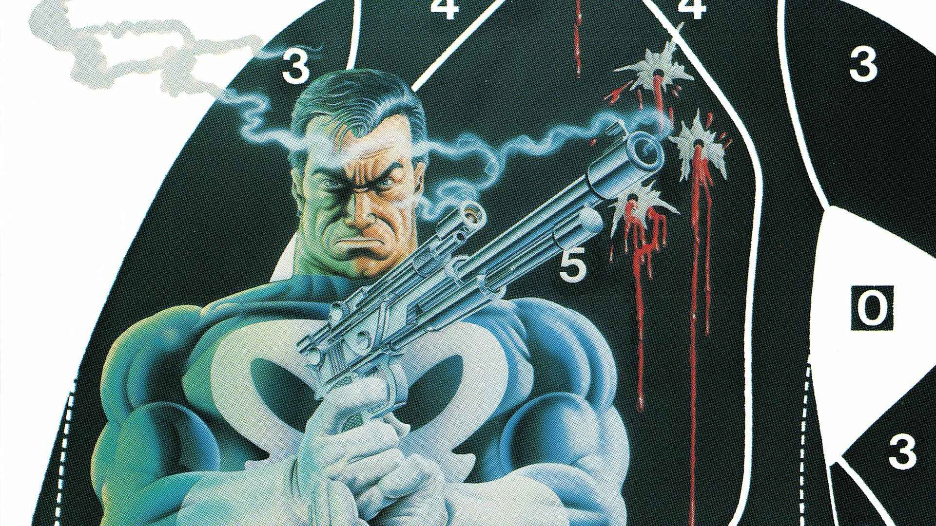 HD PC desktop wallpaper featuring the Punisher comic character aiming a multi-barrel gun at a target with bullet holes and blood splatters.