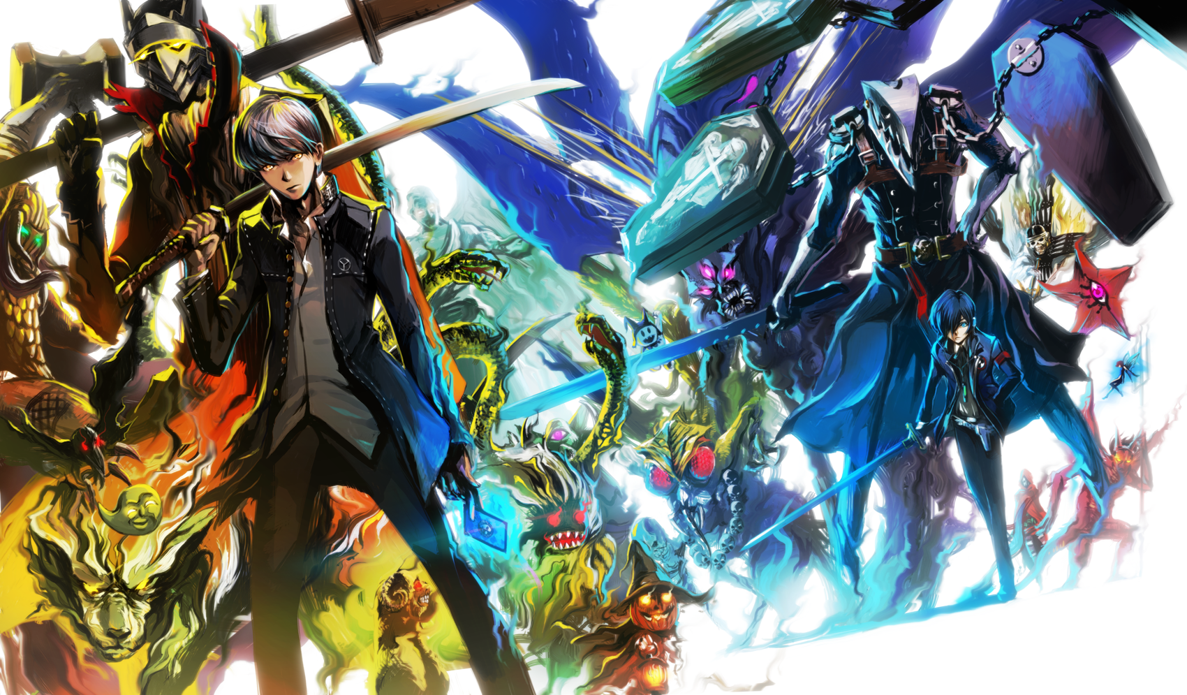 HD PC desktop wallpaper featuring dynamic characters and creatures from the video game Persona, showcasing vibrant colors and action-packed design.