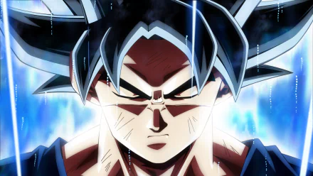 HD wallpaper of Goku from Dragon Ball Super, depicting a close-up of his intense, focused expression, highlighted against a cosmic backdrop.