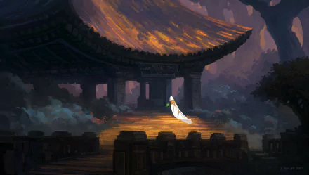 Anime-style HD desktop wallpaper depicting a lone figure in a flowing cloak standing before a traditional building surrounded by a moody, atmospheric landscape.