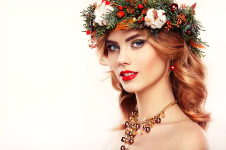 HD desktop wallpaper of a redheaded woman with blue eyes wearing a festive wreath, striking red lipstick, and a stylish necklace, smiling confidently.