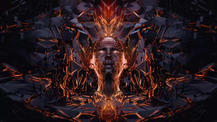 An artistic HD desktop wallpaper featuring an abstract, futuristic human face surrounded by intricate, geometric patterns in vibrant orange and dark tones.