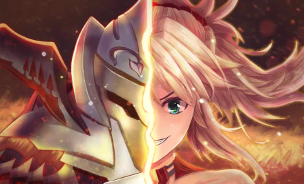 HD desktop wallpaper of Mordred, the Saber of Red from Fate/Apocrypha. The image features her blonde hair, a confident smile, and a helmet, blending detailed armor with her anime features against a fiery background.