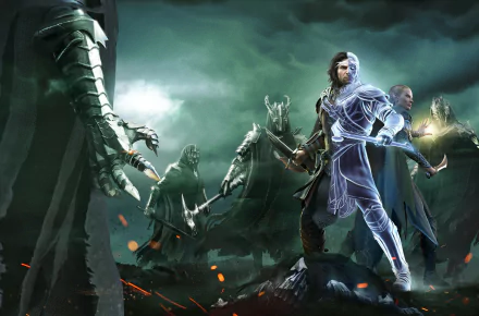 HD PC desktop wallpaper featuring Talion from Middle-earth: Shadow of War, depicted with glowing armor and allies facing off against dark armored foes in a stormy landscape.