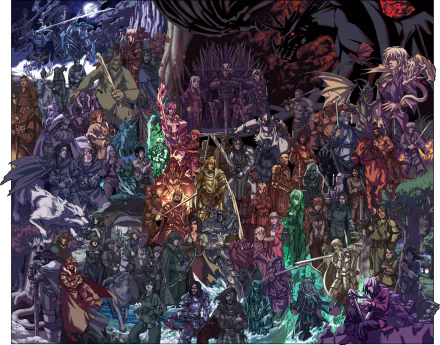 HD PC desktop wallpaper featuring a richly detailed fantasy scene inspired by A Song of Ice and Fire, showcasing an array of characters and mythical creatures.