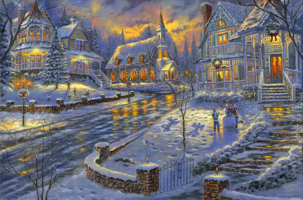 A vibrant HD desktop wallpaper depicting an artistic winter scene in a cozy town with snow-covered houses, a church, and streets adorned with Christmas decorations.