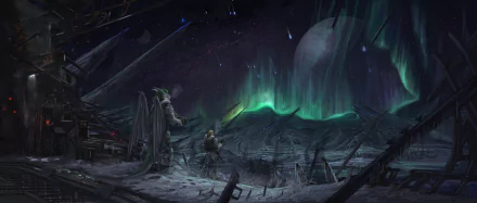 A sci-fi warrior and creature stand in a dark, icy landscape beneath a vivid aurora borealis and a large moon, creating a dramatic night HD desktop wallpaper scene.