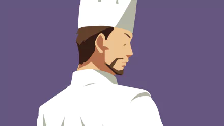 Minimalist anime HD PC desktop wallpaper of Tenshu from Restaurant to Another World: a bearded chef in white uniform and tall hat shown in profile against a flat purple background.