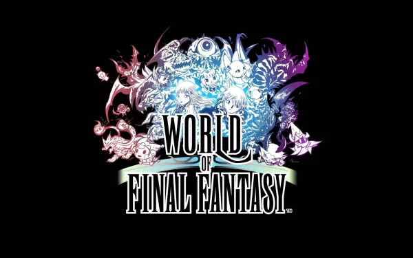 HD desktop wallpaper featuring the artistic World of Final Fantasy logo with intricate creature designs on a black background.