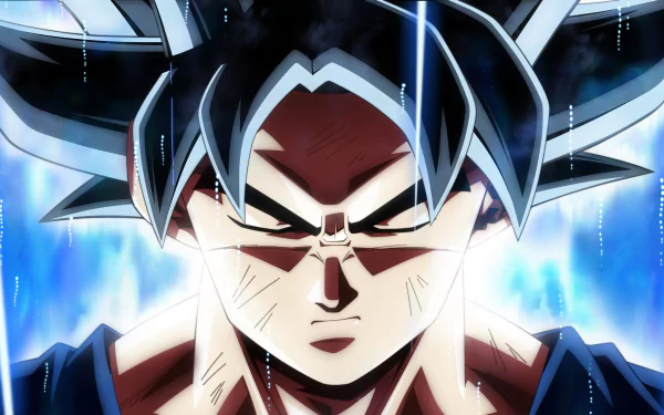 HD wallpaper of Goku from Dragon Ball Super, depicting a close-up of his intense, focused expression, highlighted against a cosmic backdrop.