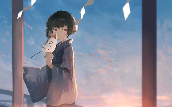 An anime-style HD desktop wallpaper featuring an original character holding a mask against a serene, sunset backdrop.