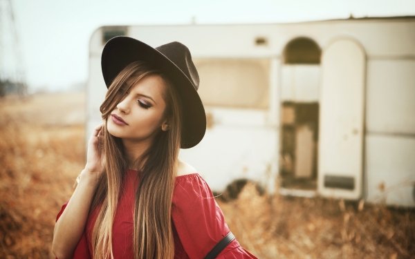 Women Model Mood Hat Brunette Lipstick Depth Of Field Long Hair HD Wallpaper | Background Image