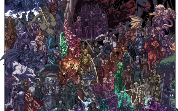 HD PC desktop wallpaper featuring a richly detailed fantasy scene inspired by A Song of Ice and Fire, showcasing an array of characters and mythical creatures.