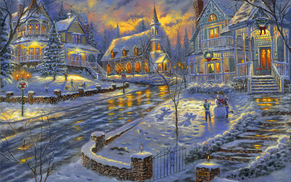 Artistic Painting Winter Christmas Street House Town HD Wallpaper | Background Image