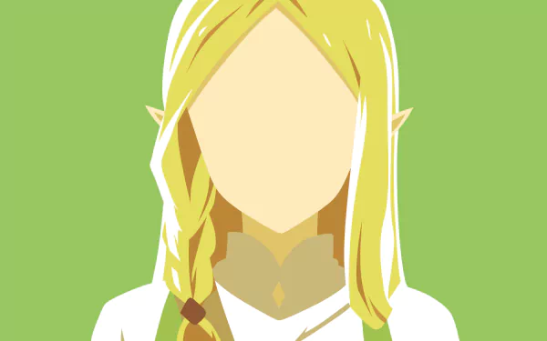 Minimalist anime HD desktop wallpaper of Faldania (Restaurant to Another World): faceless elf portrait with long braided blonde hair and pointed ears on a green background.