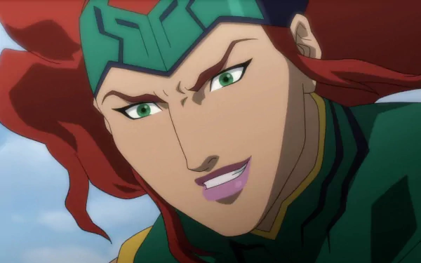 Close-up of Mera (DC Comics) from the movie Justice League: Throne of Atlantis — animated HD PC desktop wallpaper and background of the red-haired heroine in green armor, smiling.
