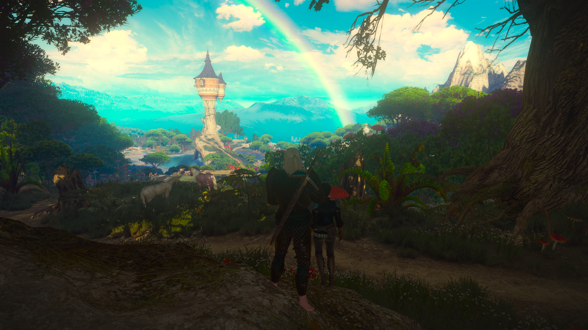 HD PC desktop wallpaper/background of Geralt of Rivia from the video game The Witcher 3: Wild Hunt – Blood and Wine, standing on a cliff overlooking a sunlit valley with a tower and rainbow.