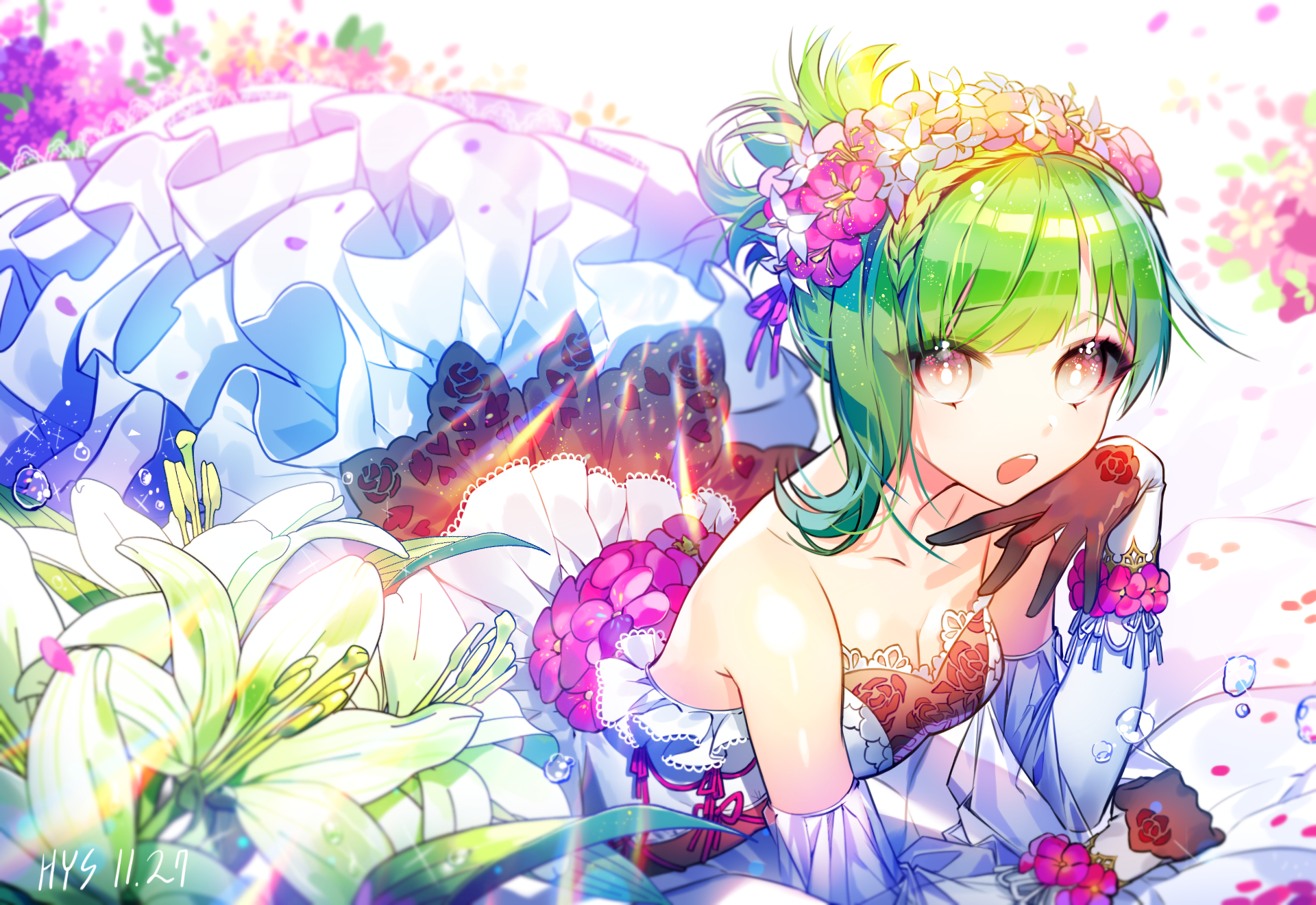 An HD desktop wallpaper featuring an anime girl with green hair in a colorful dress adorned with flowers, set against a vibrant background with blooms and intricate details.