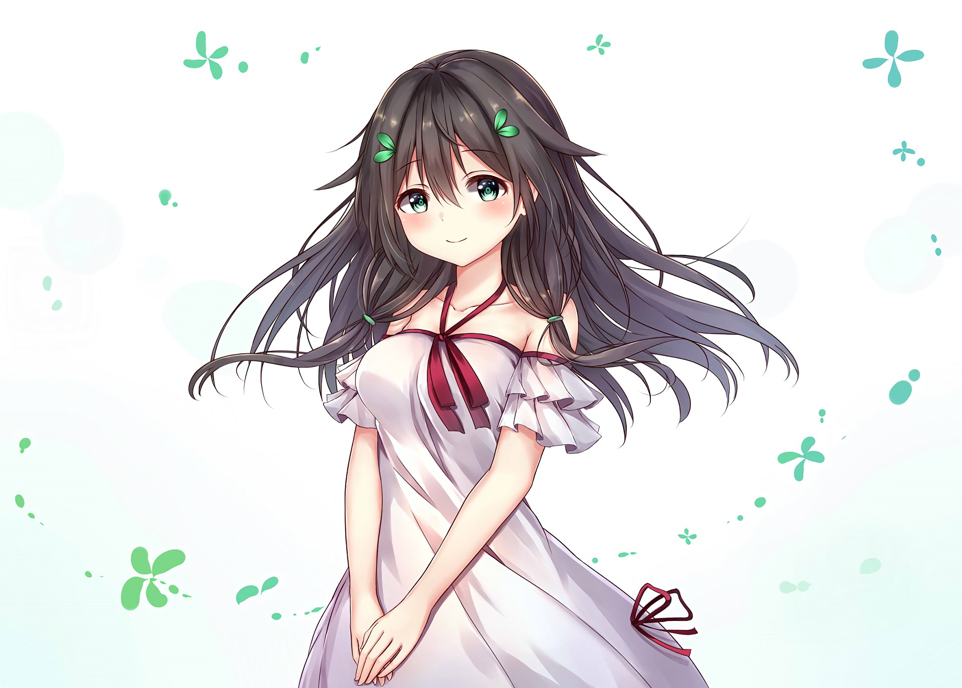 HD anime original artwork of a girl with long dark hair in a white dress, set against a soft, minimalist background, designed as a PC desktop wallpaper.