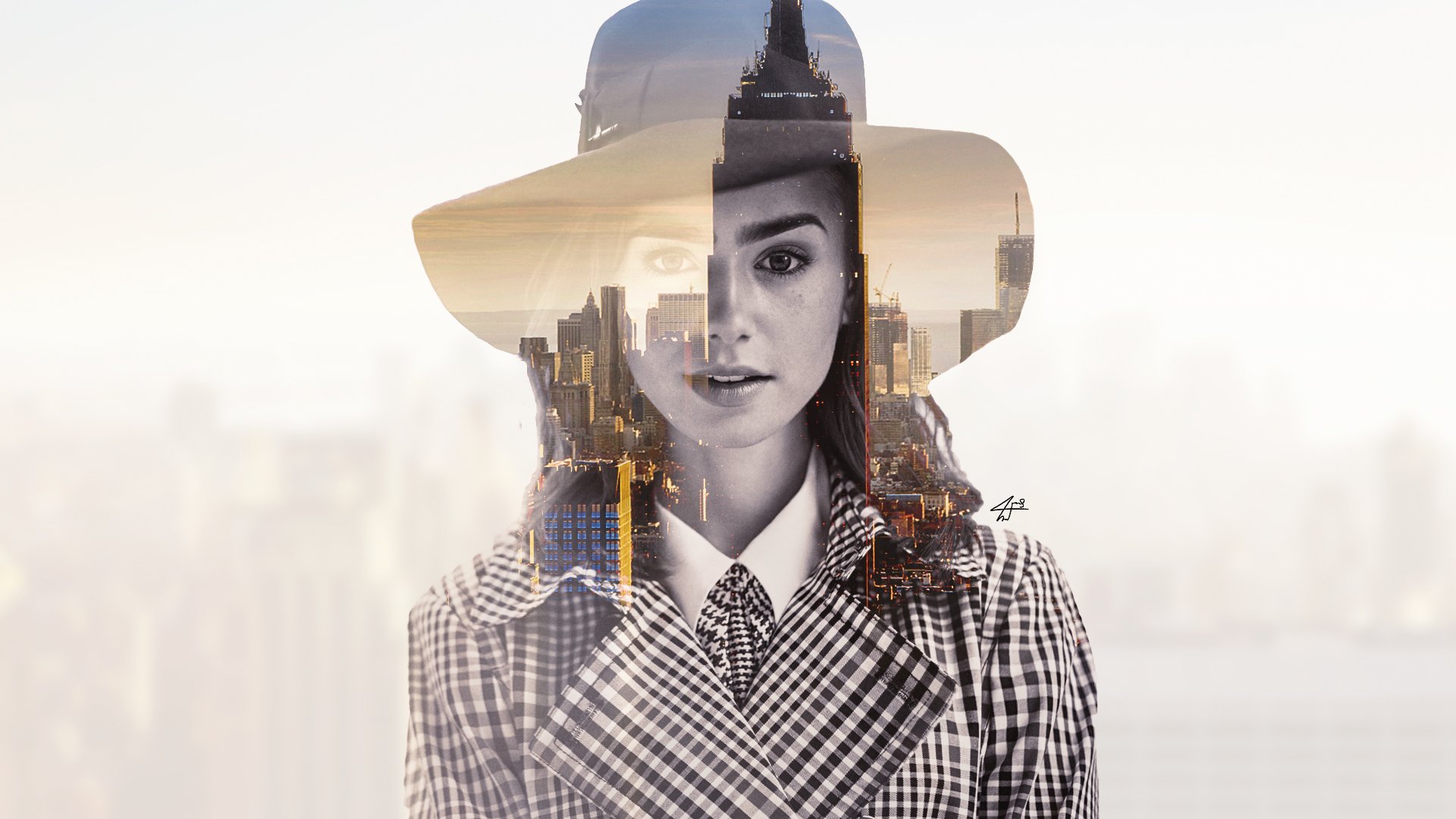 HD PC desktop wallpaper featuring a double exposure of celebrity Lily Collins and a city skyline, blending urban elements with her portrait in a stylish design.