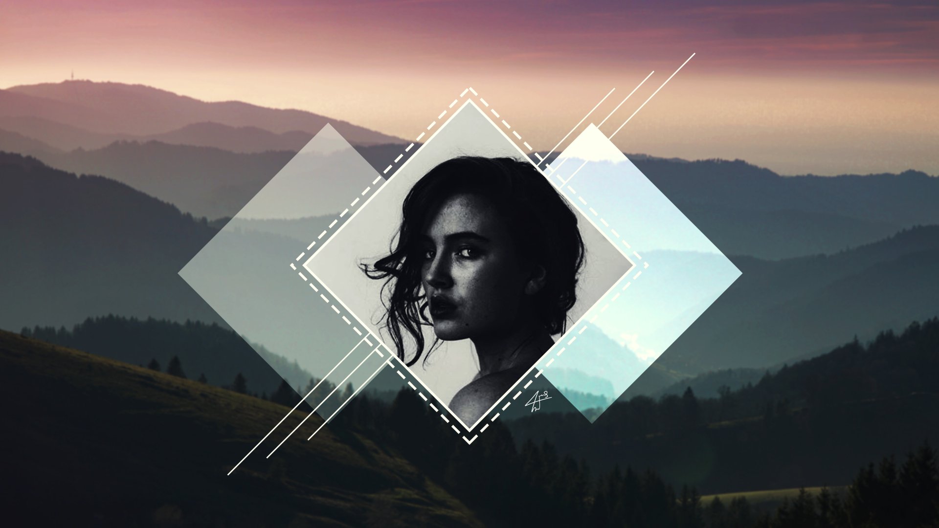 Artistic polyscape 4K Ultra HD PC desktop wallpaper: black-and-white portrait of a model framed in layered geometric diamonds over a serene sunset mountain landscape, cute and stylized.