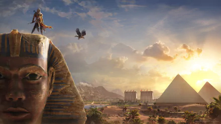 HD desktop wallpaper and background from the video game Assassin's Creed Origins, featuring Bayek of Siwa, with a dramatic view of the pyramids and Sphinx at sunset.