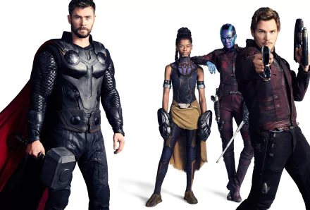 HD wallpaper featuring Thor, Shuri, Nebula, and Star Lord from Marvel's Avengers: Infinity War.