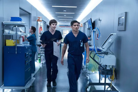 HD wallpaper of Freddie Highmore and Nicholas Gonzalez from The Good Doctor walking in a hospital corridor.