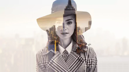 HD PC desktop wallpaper featuring a double exposure of celebrity Lily Collins and a city skyline, blending urban elements with her portrait in a stylish design.
