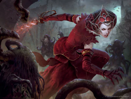 HD desktop wallpaper featuring a menacing vampire woman in a red outfit from Magic: The Gathering, poised for battle against shadowy creatures.