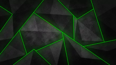 HD desktop wallpaper featuring an abstract design of green geometric shapes on a black background.