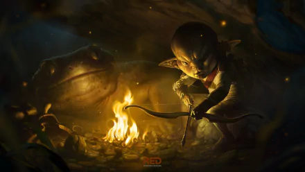 A fantasy goblin with pointed ears crouches by a glowing campfire, holding a bow, as a large lizard watches nearby in this HD PC desktop wallpaper.
