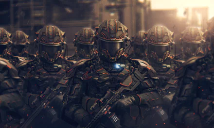 HD desktop wallpaper featuring a group of futuristic sci-fi soldiers in advanced military armor, poised for action in a gritty, industrial setting.