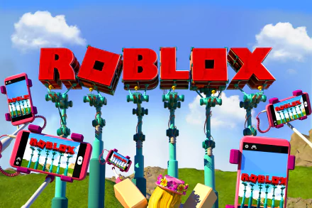 HD Roblox themed desktop wallpaper featuring the game's logo and in-game items against a blue sky.