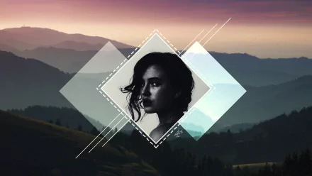 Artistic polyscape 4K Ultra HD PC desktop wallpaper: black-and-white portrait of a model framed in layered geometric diamonds over a serene sunset mountain landscape, cute and stylized.