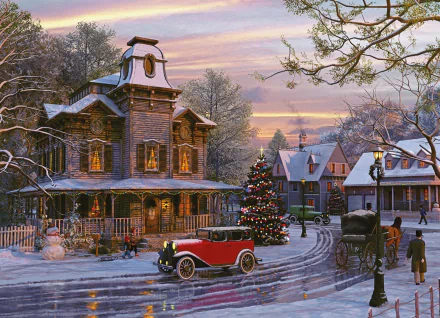 HD artistic painting of a snowy street with vintage cars, a decorated Christmas tree, and warmly lit houses, capturing a festive holiday scene.