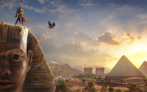 HD desktop wallpaper and background from the video game Assassin's Creed Origins, featuring Bayek of Siwa, with a dramatic view of the pyramids and Sphinx at sunset.