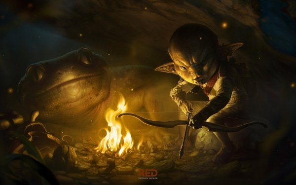 Fantasy Goblin Creature Pointed Ears Bow Campfire Lizard HD Wallpaper | Background Image